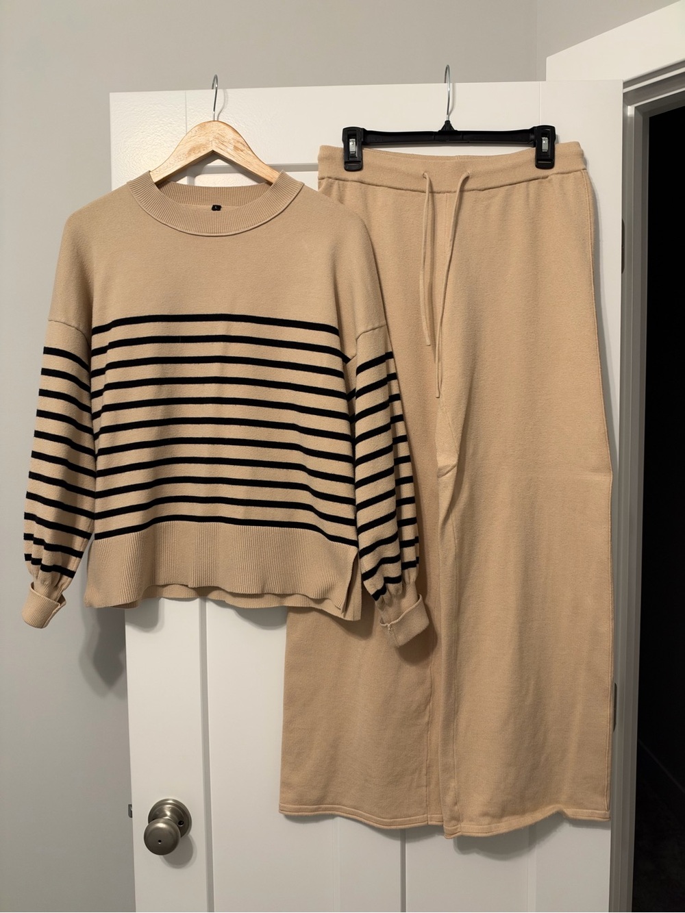 Amazon Beige Striped Knit Sweater with Wide-Leg Drawstring Pants
